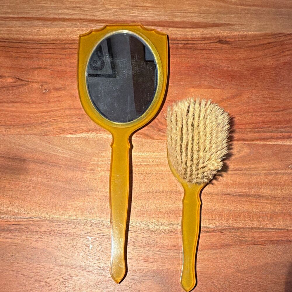 Vintage Bakelite/Celluloid Hand Mirror & Hair Brush Vanity Set, Green Design